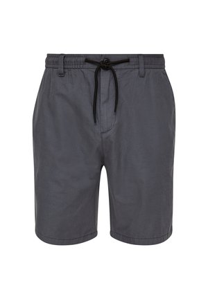 Shorts gris fabriqués en tissu léger, avec une taille élastique dotée d'un cordon de serrage et des poches latérales. Texture lisse, design décontracté.