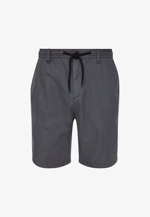 Shorts gris fabriqués en tissu léger, avec une taille élastique dotée d'un cordon de serrage et des poches latérales. Texture lisse, design décontracté.