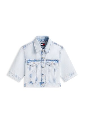 Jachetă scurtă din denim albastru deschis, cu mâneci scurte, nasturi în față, buzunare pe piept și guler pliat.