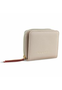 Beige leather zip wallet with a textured surface, gold logo, and a red accent zipper pull. Rectangular shape with stitched edges.