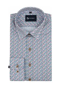 Patroon blouse met knopen, gekenmerkt door een multicolor geometrisch ontwerp, lichtblauwe basis, korte mouwen en houten knopen. Merkenlabel zichtbaar.