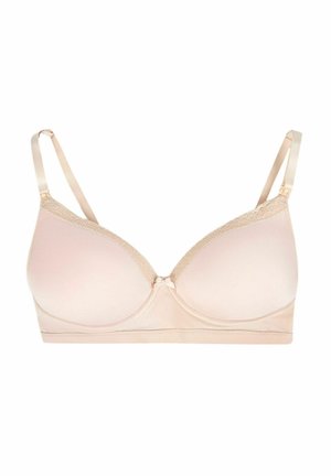 Nude gepolsterter BH mit Spitzenbesatz, verstellbaren Trägern und einer Schleifendetail in der Mitte. Glattes Material mit nahtlosem Design für Komfort.