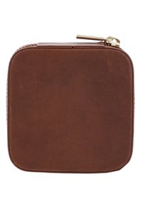 Quadratische braune Lederbrieftasche mit abgerundeten Ecken und sichtbarem goldfarbenem Reißverschluss oben rechts.