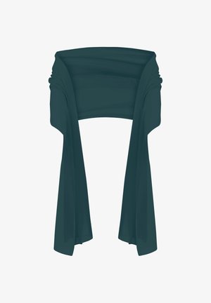 Teal chiffon wrap featuring soft, draped fabric, a gathered center, and flowing sleeves that extend down from the shoulders.