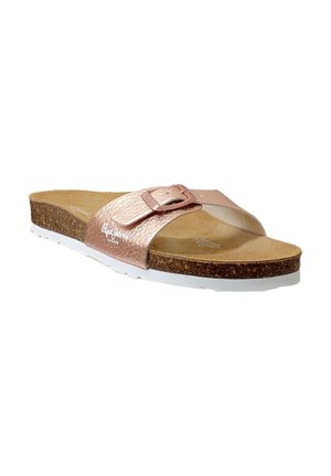 Sandale à glissière en or rose avec un dessus texturé, une boucle ajustable, une semelle en liège et une semelle extérieure blanche. Design simple et ouvert pour le confort.