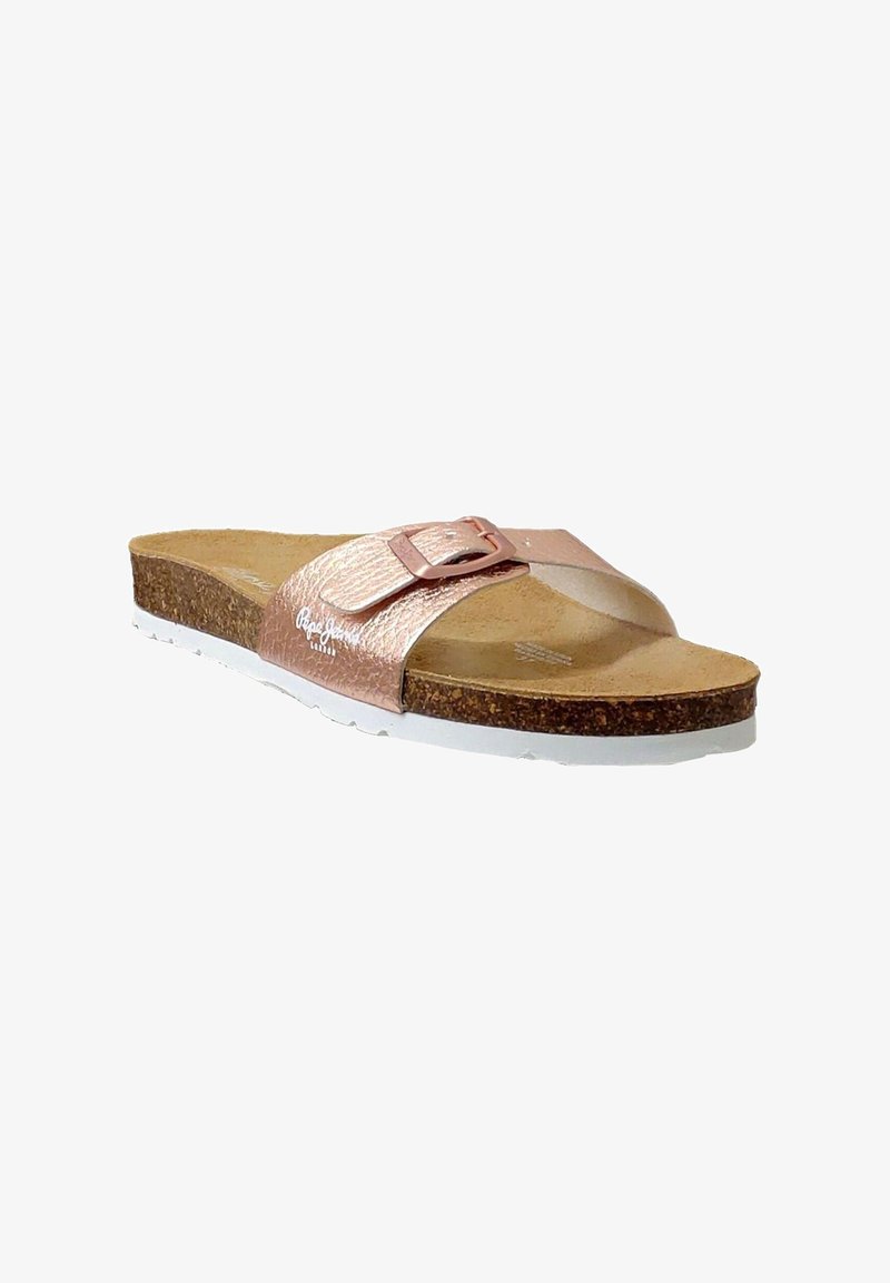 Roséguld slide-sandal med en texturerad ovandel, justerbar spänne, korkfotbädd och vit sula. Enkelt och öppet design för komfort.