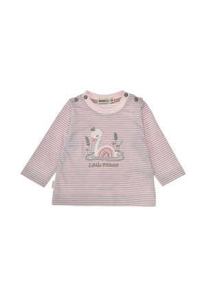 Rosa-weiß gestreiftes Baby-Langarmshirt mit Schwan- und Regenbogenstickerei sowie Knopfdetails auf den Schultern.
