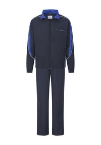 Trainingsanzug mit einer Reißverschlussjacke mit blauen Akzenten und weißen Paspeln, kombiniert mit passenden Hosen, beide aus dunklem Marineblauem Stoff.