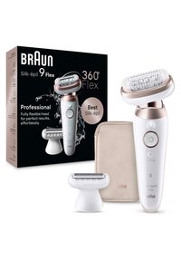 Épilateur Braun Silk-épil 9 Flex avec tête flexible, deux accessoires supplémentaires, pochette beige et boîte de produit avec un graphisme d'éclaboussure d'eau.