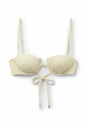 Top de bikini de textura cremosa con tirantes ajustables y lazada frontal con extremos decorados en dorado.