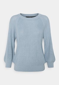 Light blue knitted sweater with round neckline and long slightly puffed sleeves, ribbed cuffs and hem.