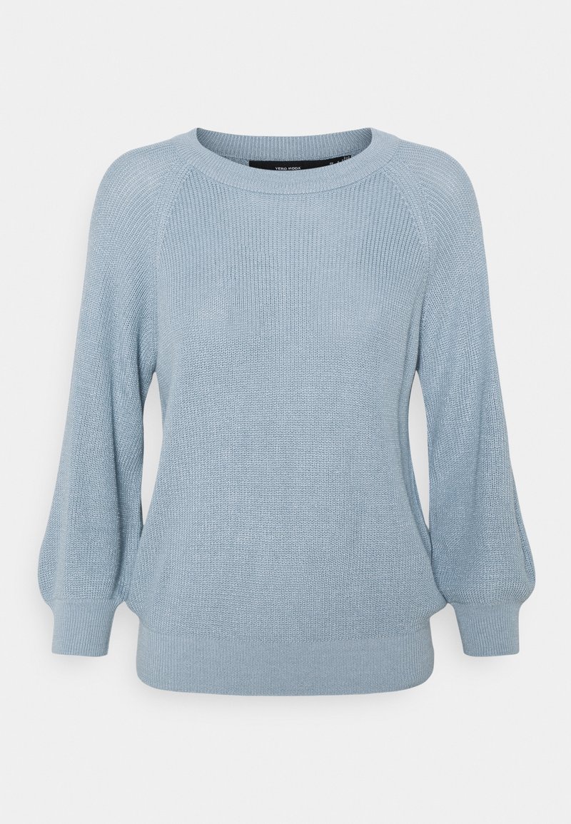 Light blue knitted sweater with round neckline and long slightly puffed sleeves, ribbed cuffs and hem.