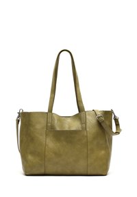 Zelená kožená taška s dvomi dlhými rúčkami a kratším odnímateľným popruhom. Má hladkú textúru a minimalistický dizajn.