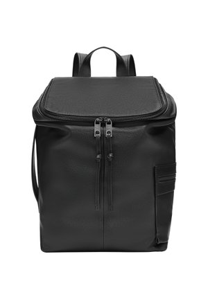 Sac à dos en cuir noir avec une finition texturée, fermeture zippée en haut, deux compartiments avant, et bretelles ajustables. Forme rectangulaire, design minimaliste.