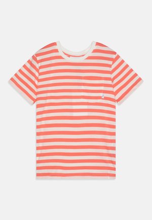 Prúžkované tričko v koralovej a bielej farbe, krátke rukávy, okrúhly výstrih, s predným vreckom. Mäkka bavlnená tkanina s hladkou štruktúrou.
