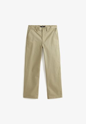 Chinos de algodón beige con un diseño de pierna recta, que cuentan con dos bolsillos frontales y un cierre de botón clásico. Textura suave, acentos mínimos.