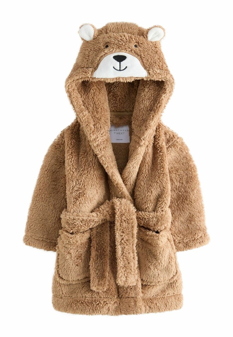 Weicher brauner Badeanzug für Kleinkinder mit Bärenkopf und Ohren auf der Kapuze, zwei vorderen Taschen und einem Bindegurt.