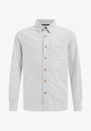 Camicia a righe con bottoni, maniche lunghe, realizzata in tessuto leggero. Presenta un colletto, una tasca sul petto e bottoni marroni su sfondo grigio chiaro.