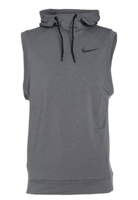 Sweat à capuche sans manches gris en tissu doux, doté d'une capuche à cordon de serrage et d'un petit logo noir sur le devant. Texture lisse, coupe décontractée.