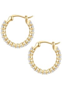 Zlaté náušnice v tvare kruhu s textúrovaným dizajnom, ktoré majú jasné kruhové akcenty pozdĺž vonkajšieho okraja a bezpečné zapínanie.