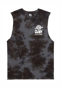 Black tie-dye tank top with rounded neck, wide armholes, and white graphic logo on the chest. Soft cotton material with a relaxed fit.