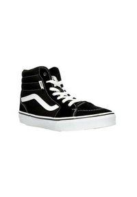 Sneakers alto neri in pelle scamosciata con il logo Vans bianco. Presentano lacci bianchi, cuciture e una suola in gomma. Design classico a strisce a zigzag.
