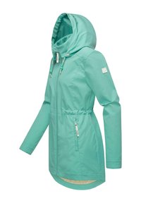 Mintgrön, lätt jacka med huva, justerbara dragsnören, elastisk midja och sidofickor. Har en jämn textur och kontrasterande foder.