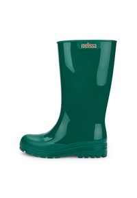 Stivale da pioggia verde in gomma con finitura lucida, punta tonda e suola texturizzata. Presenta un logo beige del brand nella parte superiore.