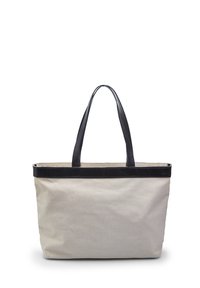 Leinen-Tote in hellbeige mit schwarzen Ledergriffen und -besatz. Rechteckige Form, schlichtes Design, strukturiertes Gewebe.