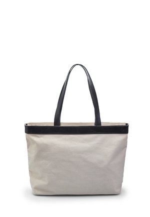Leinen-Tote in hellbeige mit schwarzen Ledergriffen und -besatz. Rechteckige Form, schlichtes Design, strukturiertes Gewebe.