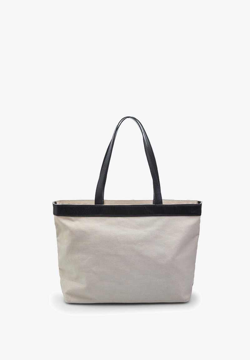 Borsa tote in tela di un beige chiaro con manici e rifiniture in pelle nera. Forma rettangolare, design semplice, tessuto testurizzato.