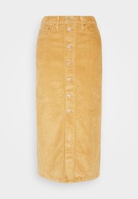 Benvit midi kjol i senapsgul med knappfäst fram, med vertikala ribbor, fem knappar och en åtsittande midja.