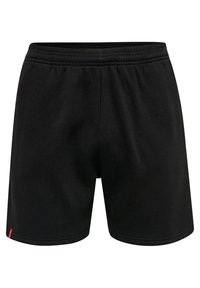 Schwarze Baumwollshorts mit einem elastischen Bund, glatter Oberfläche und einem kleinen roten Logo-Detail auf der linken Seite. Lässiges, knielanges Design.