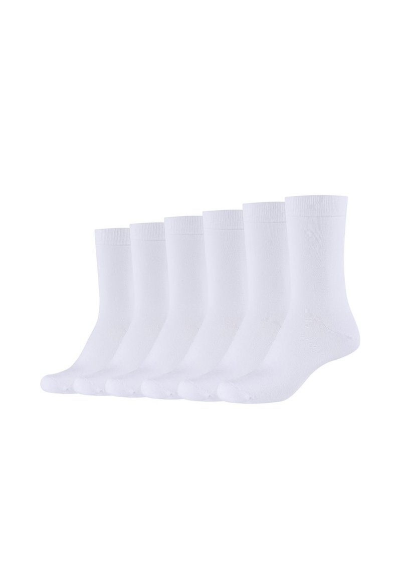 White cotton socks, medium height, six pairs displayed, smooth texture, reinforced toe and heel, elastic ribbed cuff, plain design.