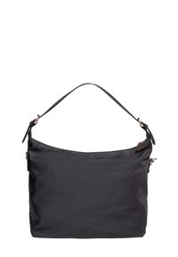 Sort nylon skuldertaske med en buet silhuet, lynlåslukning i toppen og justerbar rem med detaljer i guldfarvet metal.