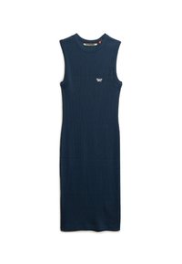 Robe sans manches bleu marine à côtes avec encolure ronde et petit logo blanc "Superdry" sur la poitrine, posée à plat sur un fond blanc.