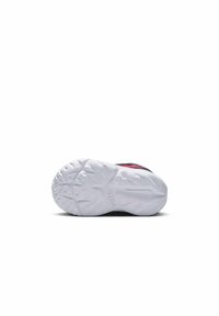 Suela de zapato atlético con una suela exterior de goma blanca texturizada, con patrones de tracción. La parte superior presenta un diseño en azul marino y marrón.
