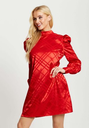 CHECK JACQUARD MINI WITH HIGH NECK PUFF SLEEVE - Cocktail dress / Party dress - red