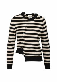 Cardigan a righe in nero e crema. Presenta un colletto rotondo, orlo asimmetrico e chiusura con bottoni neri. Texture in maglia morbida.