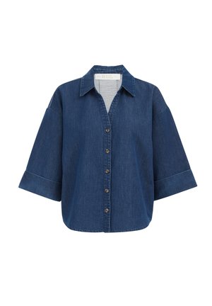 Camicia di jeans blu scuro, con collarino, chiusura con bottoni e ampie maniche a tre quarti con dettagli sui polsini.