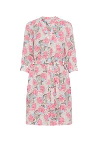 Richiamo floreale su una veste in tessuto leggero, con foglie rosa e blu su uno sfondo neutro. Design avvolgente con cintura di legatura e maniche a 3/4.