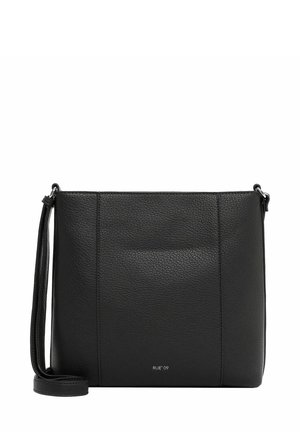 Black leather crossbody bag with a smooth texture, minimalist design, adjustable strap, and subtle branding on the front.