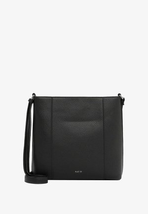 Black leather crossbody bag with a smooth texture, minimalist design, adjustable strap, and subtle branding on the front.