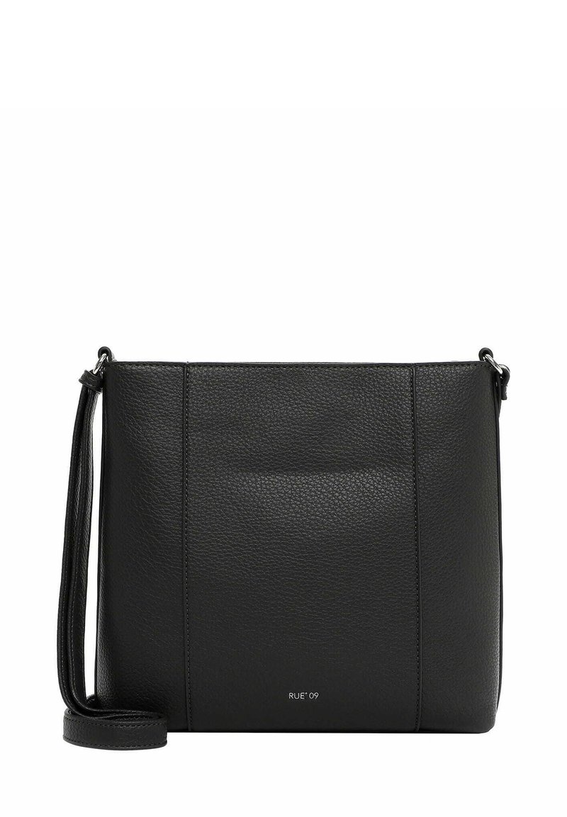 Sac en cuir noir à bandoulière avec une texture lisse, un design minimaliste, une sangle réglable et un logo discret sur le devant.