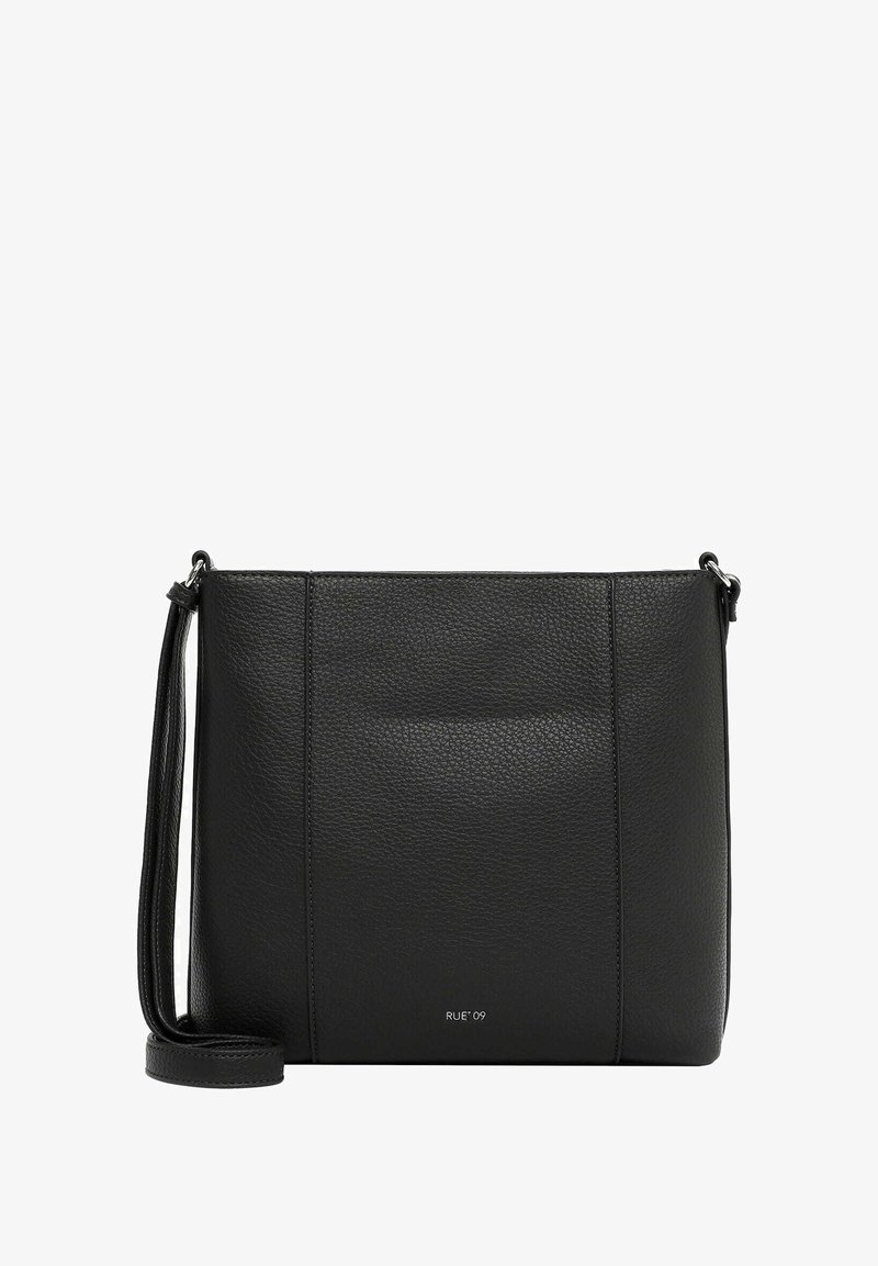 Borsa a tracolla in pelle nera, con una texture liscia, design minimalista, tracolla regolabile e branding discreto sulla parte anteriore.