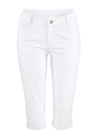 Pantalones capri blancos de mezclilla, con cierre de botón, cinco bolsillos y un diseño ajustado con una textura suave.