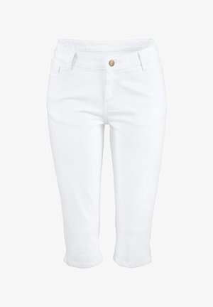 Pantalons capri blancs en denim, avec une fermeture à bouton, cinq poches et une coupe ajustée avec une texture douce.
