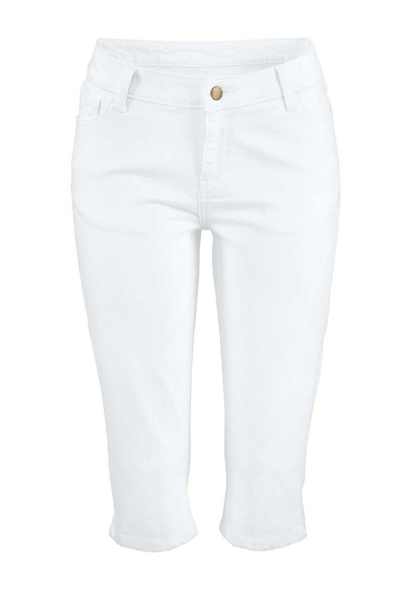 Pantalones capri blancos de mezclilla, con cierre de botón, cinco bolsillos y un diseño ajustado con una textura suave.