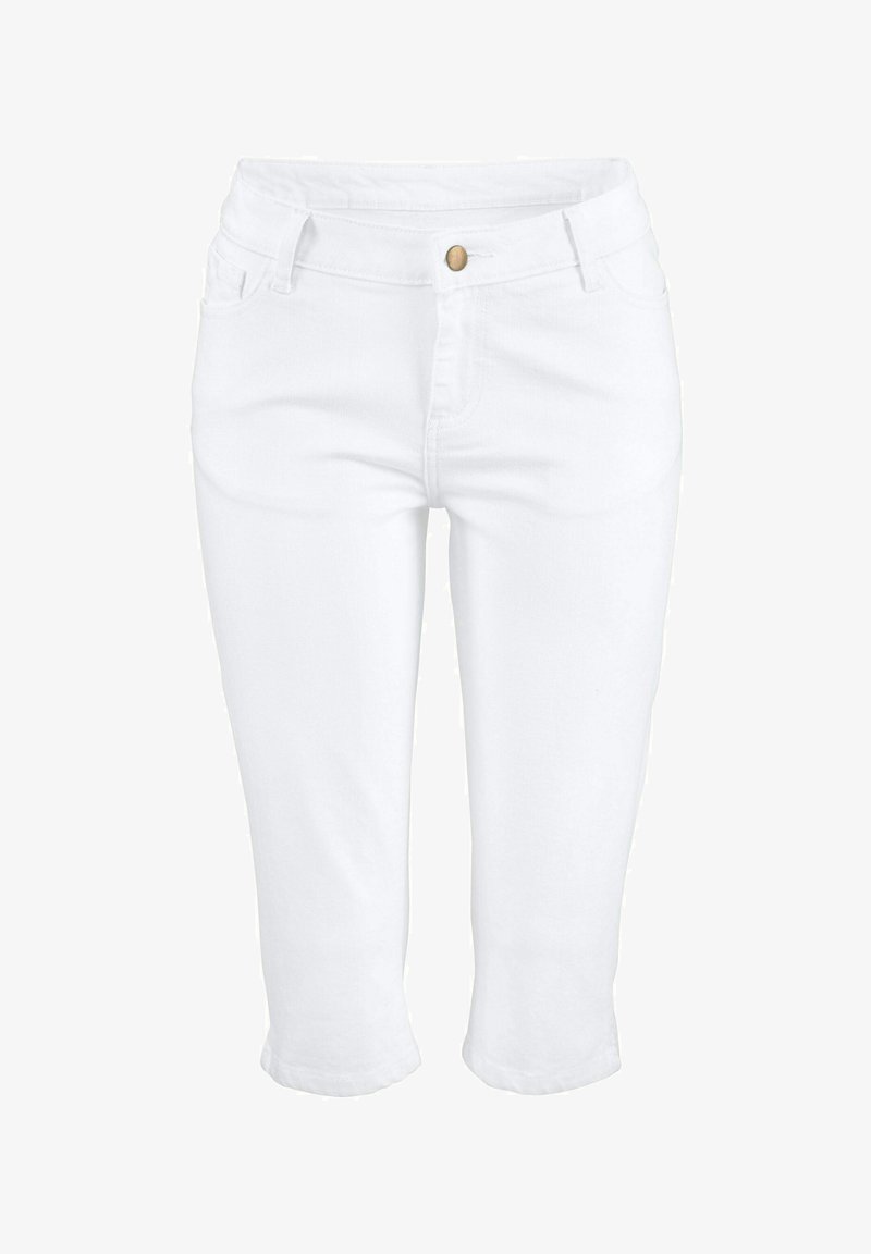 Pantalones capri blancos de mezclilla, con cierre de botón, cinco bolsillos y un diseño ajustado con una textura suave.