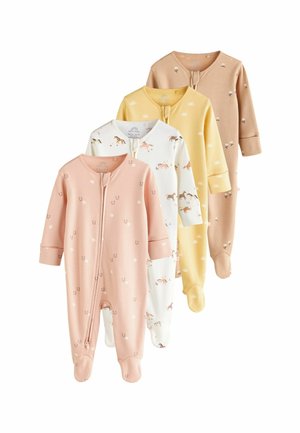 Fyra babynest i olika färger: ljusrosa, vit, gul och ljusbrun. Mönster inkluderar djur och blommor, med fotslut.